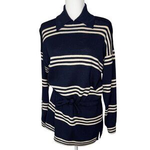 Vintage St. John Navy Striped Knit Collared Waist Tie Sweater Top Small